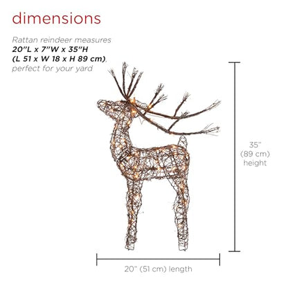 Alpine Corporation 35" Tall Outdoor Lighted Rattan Reindeer Christmas Yard Decoration with 60 Warm White LED Lights for Lawn Display, Brown
