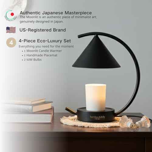 bamboo&life Moonlit TouchOn Candle Warmer Lamp,Free Handmade Placemat&2bulbs,Unique Moon-Shape,Modern&Chic B-Day Gift for Mom,Eco-Luxury Bamboo Base,Standout Japanese Housewarming Gift New Home Decor