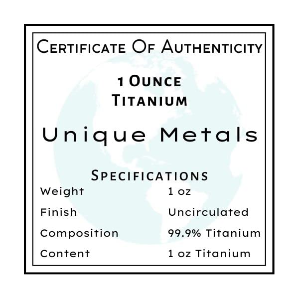 Titanium Bar w/COA - 1 oz One Troy Ounce .999 Pure Bullion Bar with Buffalo Design and Certificate of Authenticity