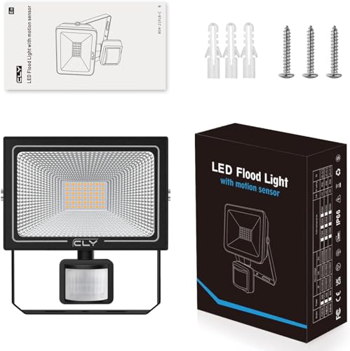 CLV 35W Plug in Security Lights with Motion Sensor, Upgrade 30W Led floodlight with UK Plug, 3000 Lumens IP66 Waterproof PIR Lights Outdoor for Garden, Forecourt, Garage,Pathway, 2700K Warm White