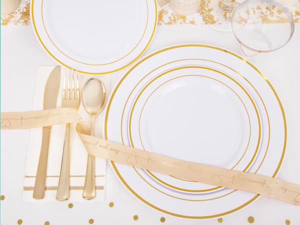 GATHER 176 Pieces Gold Dinnerware Disposable - White and Gold Plastic Plates Includes 50 Plates, 25 Plastic Silverware, 25 Napkins, 25 Cups and 1 Tablecloth for Wedding Party