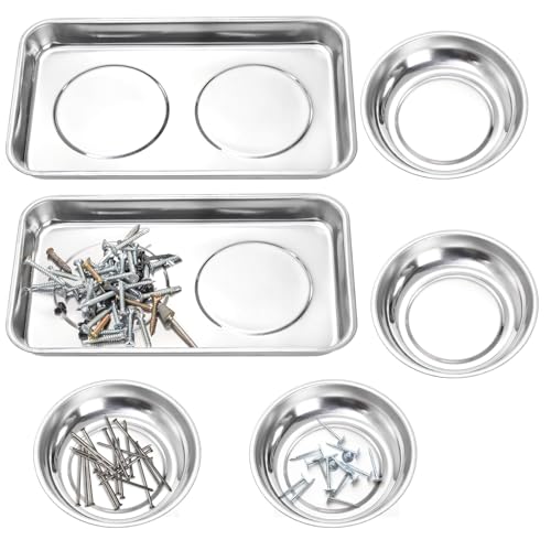 Okllen 6 Pcs Magnetic Parts Tray Set, Stainless Steel Heavy Duty 9.5"W x 5.5''L Square and 4 1/4" Round Extra Strong Magnetic Tool Trays Holder for Socket Screw Nuts Bolts Metal Parts