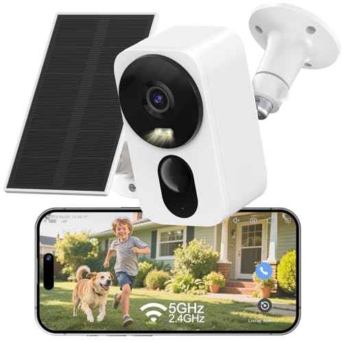 2.4G/5G WiFi 6 Wireless Outdoor/Indoor Security Camera, Solar Powered 2.5K 4MP, Cloud/SD Storage, Color Night Vision, AI Human Detection, Spotlight & Siren, 2-Way Talk, Dual Band, IP65