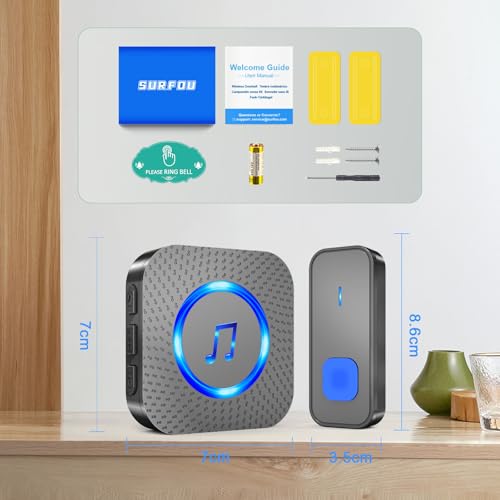 SURFOU Wireless Loud Waterproof Doorbell, Easy installation, 1300ft Range, 55 Chimes 5 Adjustable Volume Levels, LED Flash (1 Button +2 Receivers)
