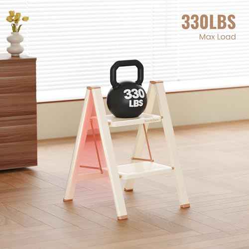 GameGem 2 Step Ladder, 2 Step Stool for Adults, Folding Step Ladder with Secure Footing, Widened Pedal, Aesthetically Pleasing Looking, Blends Right into Domestic Rooms, Cream Chocolate