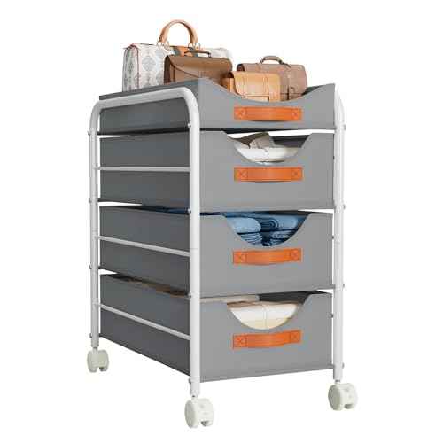 DIMJ Clothes Drawer 4 Tier - Fabric Closet Drawer System Rolling, Portable Closet Drawers for Clothes with Wheels, Small Closet Organizer & Replacement Drawers for Bedrooms, Office, Nursery, Grey