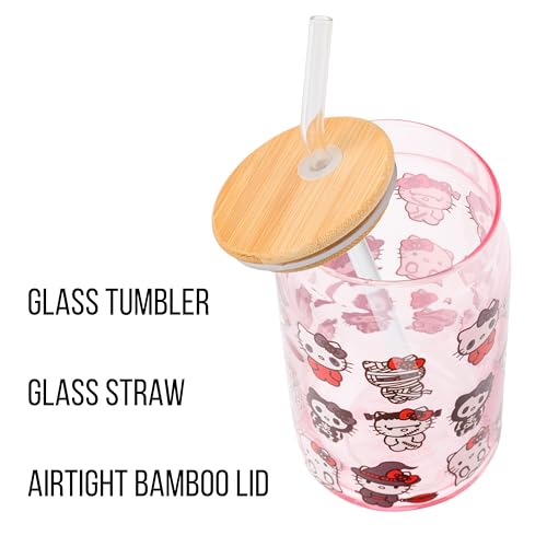 Silver Buffalo Sanrio Hello Kitty and Friends Halloween Spooky Costumes Ghost Witch Vampire Zombie Frankenstein Skeleton Pink Glass Jar Tumbler with Bamboo Lid and Glass Straw, 16 Ounces