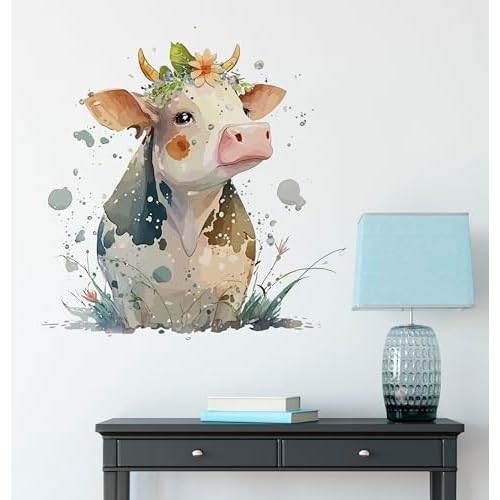 Watercolor Cow Wall Stickers for Nursery, Fun Farm Animal Flower Decals Vinyl Waterproof Peel Removable Wall Decorfor Kids Baby Room Bathroom Preschool Playroom Furniture Classroom