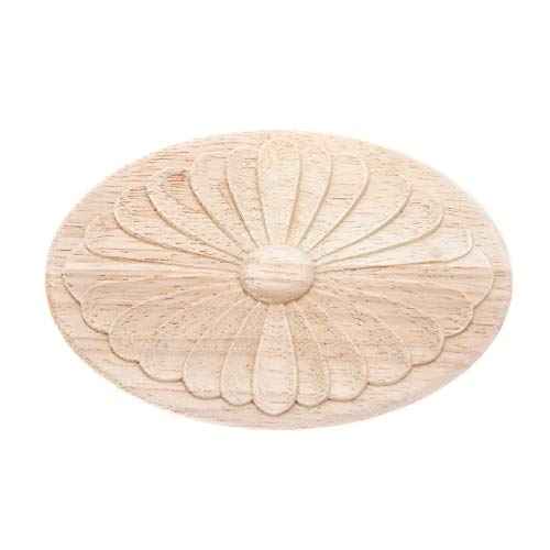 MUXSAM 1Pc Simple Unpainted Solid Wood Carved Oval Flower Pattern Door Central Applique Onlay Decal for Furniture 14.5x10cm