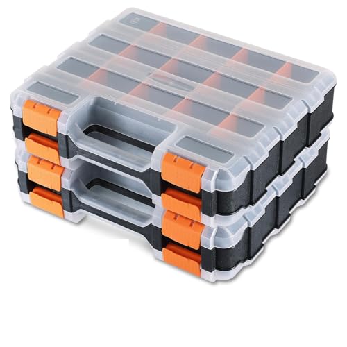 Small Parts Organizer, Hardware Organizer Box, 2 Pack Double Side 34 Compartments Hardware Organizers with Removable Plastic Dividers for Screws Nuts Nails Bolts