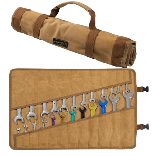 Wrench Roll Up Organizer Pouch,Heavy Duty 16oz Waxed Canvas Tool Bag, 24 Pockets Tool Roll Bag with Buckle