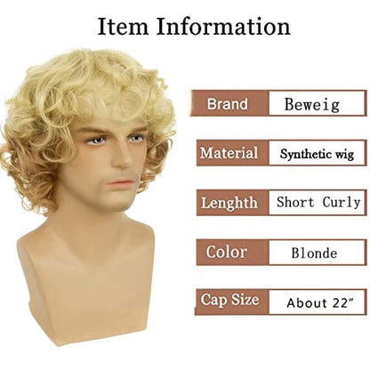 Beweig Mens Blonde Wig Short Wavy Fluffy Natural Synthetic Wig with Bangs Costume Daily Party Cosplay Halloween Wig for Males