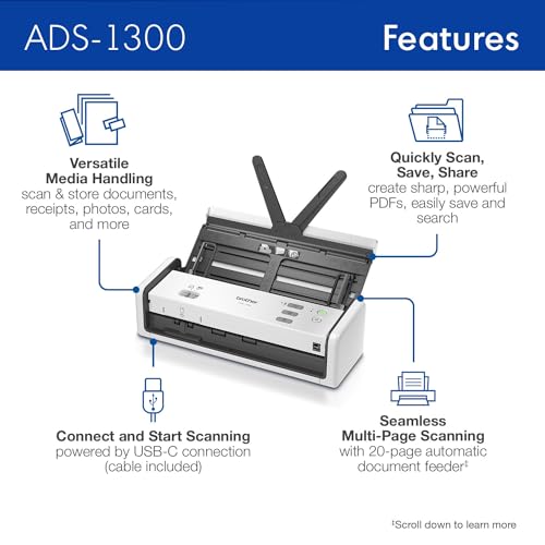 Brother ADS-1300 Compact Desktop Scanner | Scan Speeds of Up to 30ppm | Single Pass Double-Sided Scanning