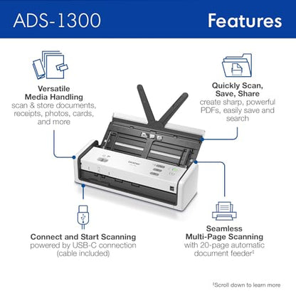 Brother ADS-1300 Compact Desktop Scanner | Scan Speeds of Up to 30ppm | Single Pass Double-Sided Scanning
