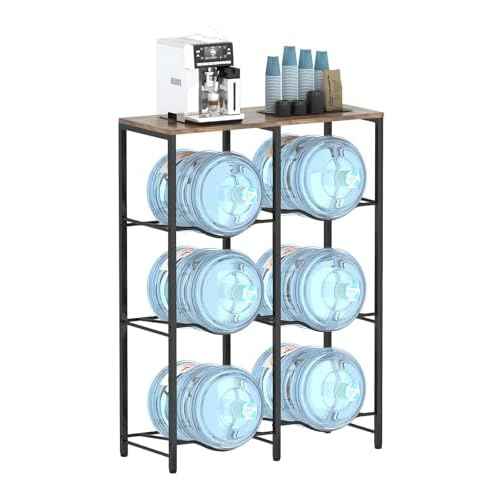5 Gallon Water Jug Holder, Water Jug Stand with Storage Rack, 3-Tiers Water Dispenser Stand, Water Bottle Stand for Kitchen, Office, Living Room, Brown