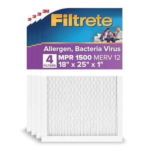 Filtrete 18x25x1 AC Furnace Air Filter, MERV 12, MPR 1500, CERTIFIED asthma & allergy friendly, 3 Month Pleated 1-Inch Electrostatic Air Cleaning Filter, 4-Pack (Actual Size 17.81 x 24.81 x 0.81 in)