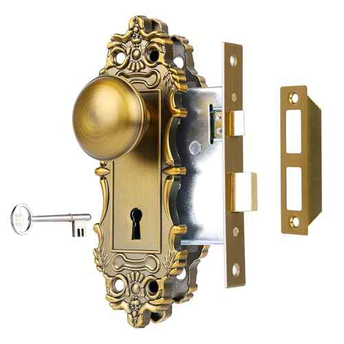 Mortise Lock Set for Interior Door, Vintage Door Knob with Lock and Skeleton Key, Antique Old Style Door Knob Lock Replacement, Vintage Brass Finish