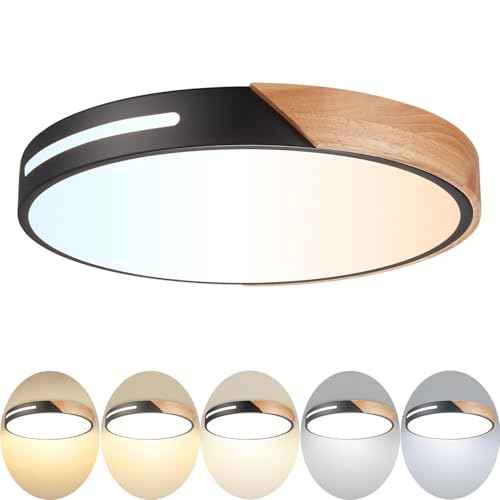 Wood Ceiling Light Flush Mount LED 36W, 16 inch Flush Mount Black, Kitchen Light Fixtures Ceiling Mount, Dimmable Close to Ceiling Light for Bedroom, Living Room, Bathroom