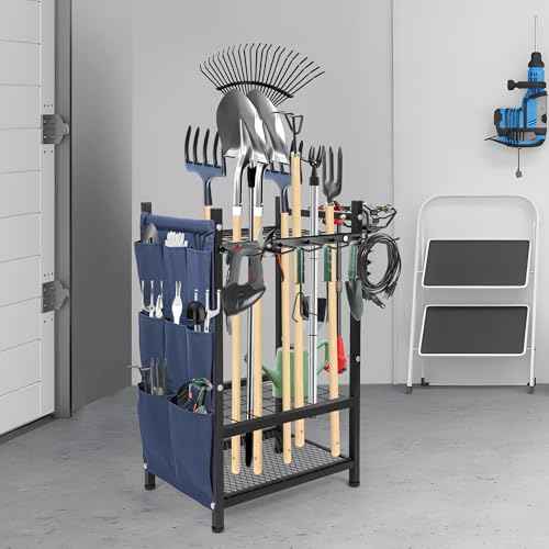 Garden Tool Rack Freestanding, Heavy Duty Garden Tool Organizer, 3-tier Tool Rack, Multifunctional Yard Tool Storage with Hooks and Storage pockets for Outdoor Long-Handled Broom Shovel Rake
