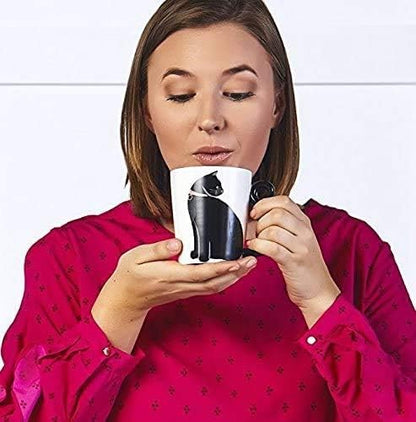 VOTUM Black Cat Ceramic White Coffee or Tea Mug - Animal Shaped Cup with Hand Printed Designs - Cute Handmade Gift for Men or Women Cat Lovers - 12 Fluid Ounce
