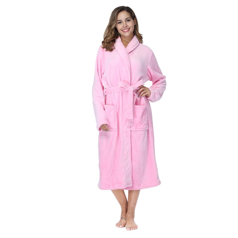 RONGTAI Fleece Robes for Women Plush Soft Warm Long Bathrobe with Pockets - Pink - Large