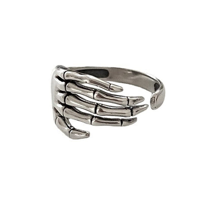 Vintage Skull Hand S925 Sterling Silver Open Band Ring for Women Girls Statement Adjustable Expandable Oxidized Gothic Skeleton Devil's Talons Finger Pinky Rings Comfort Fit Unisex Jewelry