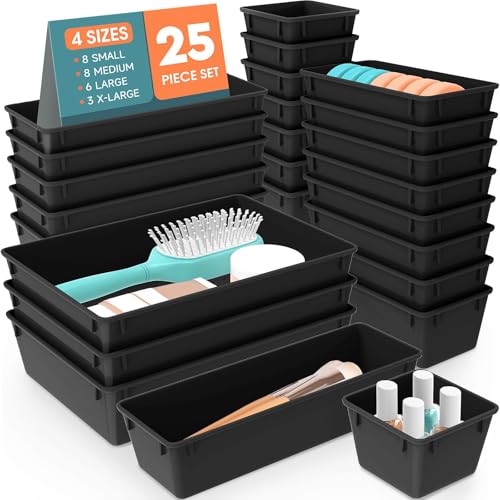25 PCS Plastic Drawer Organizer Set, 4-Size Versatile Organizer Trays & storage Bins for Makeup, Jewelry, and Gadgets in Bathroom, Bedroom and Office, Black