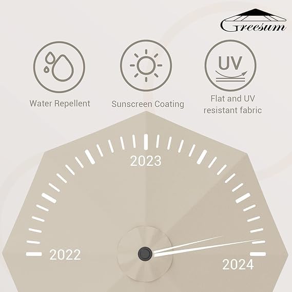 Greesum 9FT Patio Umbrella with Push Button Tilt and Crank, Outdoor Table Umbrella with 8 Sturdy Ribs, Market Table Parasol for Garden, Lawn, Backyard & Pool, Without Base, Beige