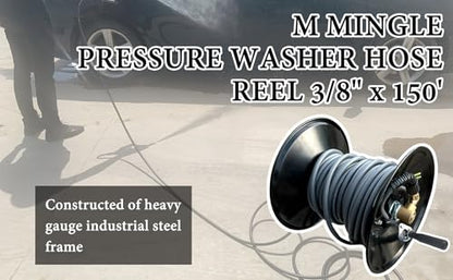 M MINGLE High Pressure Washer Hose Reel 150ft, Heavy Duty Steel Hose Reel, Manual Crank Power Washer Hose Reel with 3/8" Pressure Wash Hose, Swivel Arm and Mounting Bracket, 4000 PSI