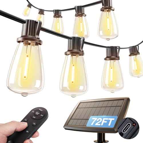 addlon 72FT Solar String Lights Outdoor, Waterproof Solar Powered Outside Lights with Remote & USB Port, ST38 LED Shatterproof Bulbs, Dimmable Solar Light for Camping Backyard Porch
