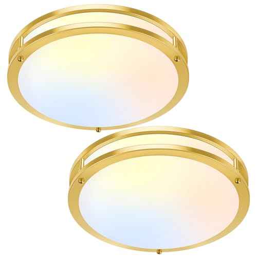 13 Inch Flush Mount Light Fixtures, 2-Pack Gold LED Ceiling Lights with 2700K/3000K/4000K/5000K/6500K 5 Color Temperatures, Modern Round LED Lights for Kitchen Bedroom Bathroom Living Room Closet