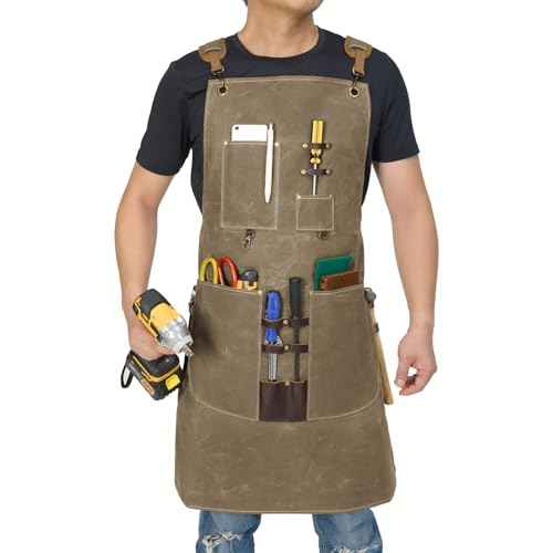 Woodworking Apron for Men Waxed Canvas Workshop Bib Apron with 13 Tool Pockets Work Apron for Carpenter Woodworker