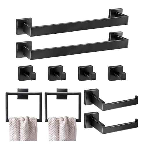 10 Pieces Bathroom Hardware Accessories Set 16 Inch Wall Mounted Towel Bar Set Matte Black Towel Rack Rings Stainless Steel Toilet Paper Holder Bath Coat Hooks