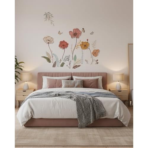 Boho Wall Stickers, Flower Wall Decals, Boho Decor Art for Bedroonm Living Room Nursery Stickers & Murals, Wildflower Floral Themed Decals Peel and Stick