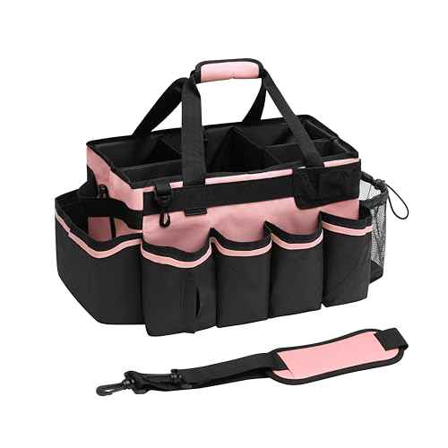 Large Cleaning Caddy, Professional Wearable Supplies Bag for Housekeepers, House Cleaners, and Car Detailing - Organizer Tote With Handle, Pink