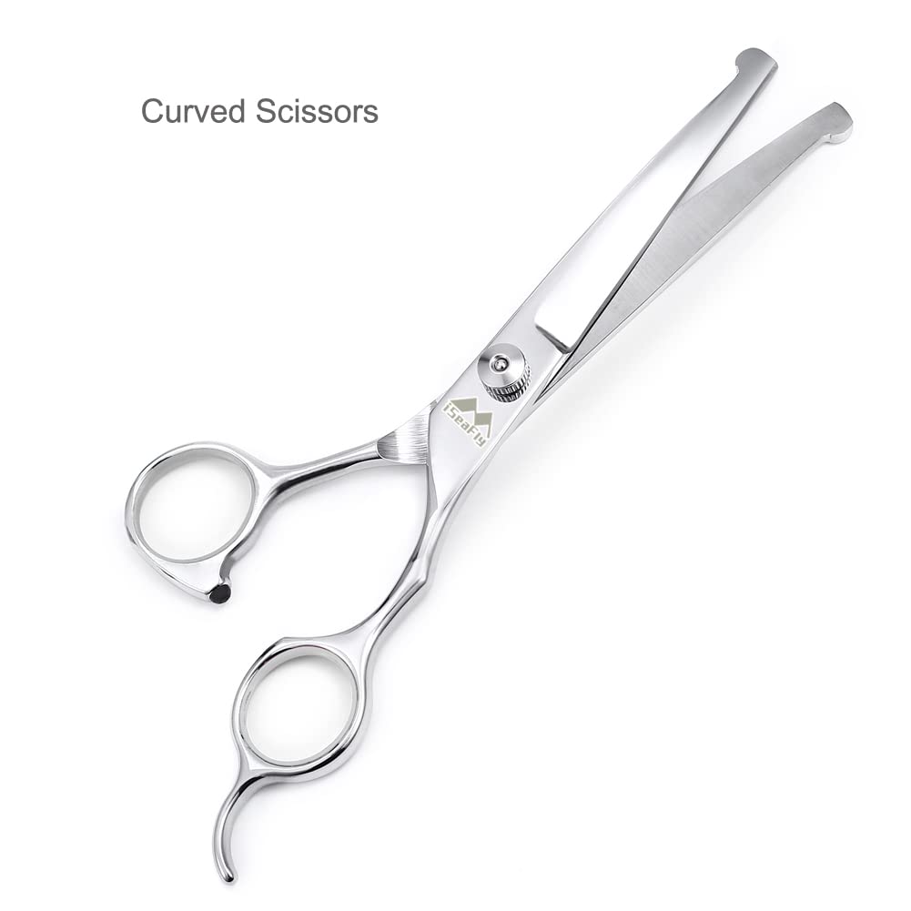 iSeaFly Dog Grooming Scissors Kit with Round Tip, 6 in 1 Cat Dog Scissors, Stainless Steel Pet Grooming Shears, Straight, Curved, Thinning Shears, Comb for Full Body, Face, Nose, Ear & Paw