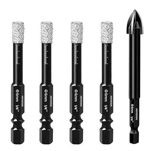 Dry Diamond Core Drill Bits Set 5PCS, 1/4" Carbide Drill Tile Hole Saws Vacuum Brazed with Hex Shank for Ceramic, Porcelain Tiles, Marble, Granite, Quartz, Glass, Hard Materials.