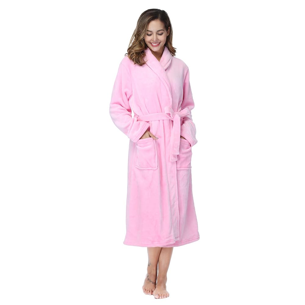 RONGTAI Fleece Robes for Women Plush Soft Warm Long Bathrobe with Pockets - Pink - Large