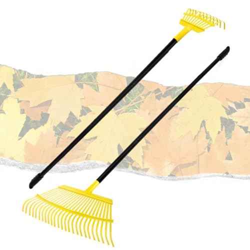 Garden Leaf Rake 2 Pack, 11+25 Tines Metal Leaf Rake with Adjustable Handle, Heavy Duty Lawn Yard Rakes Set for Leaves, Grass, Shrubs, Debris, Pine Needles, Garden Cleanup Tools for Backyard