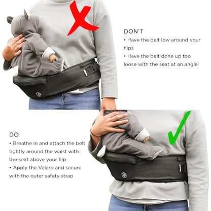 Hippychick Hipseat Baby Carrier, Lightweight Back-Saving Support Waist Stool, Adjustable Strap, Can Carry 6-36 Months Child, Denim Black
