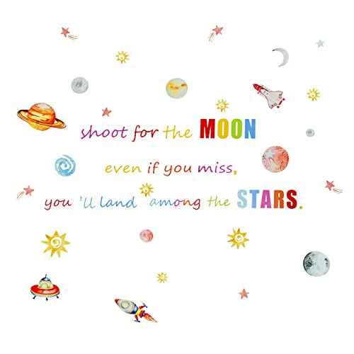 Colorful Space Wall Decal Shoot for The Moon Inspirational Quote Wall Sticker Cartoon Galaxy Planet Star Rocket Art Vinyl Removable Wall Clings for Kids Bedroom Nursery Classroom Decor