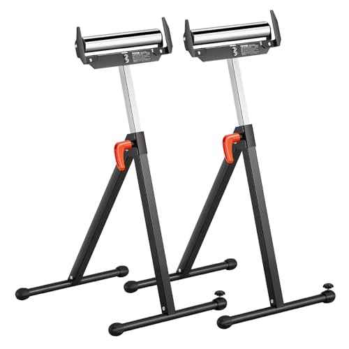 VEVOR 2-Pack Stands 250 lbs Load Capacity, 27-43 in Adjustable Height, Folding Heavy Duty with Polished Steel Roller Head & Edge Guides, for Table Saw Outfeed Woodworking Extension Support, Black