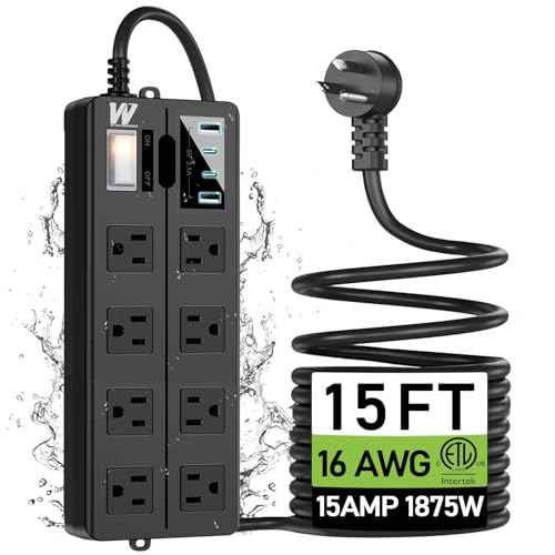 VNJ Outdoor Power Strip with 8AC Outlets + 4USB Ports, IPX6 Waterproof Surge Protector, Safety Lock Design and ETL-Certified Cables, 15FT Extension Cord for Home, Garden, and Commercial Use