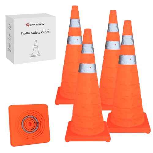 SHAREWIN Collapsible Traffic Safety Cones, [4 Pack] 28 Inch Orange Cones, Multi Purpose Pop-up Cones with Reflective Collar for Road Safety, Driving Training, Parking lot