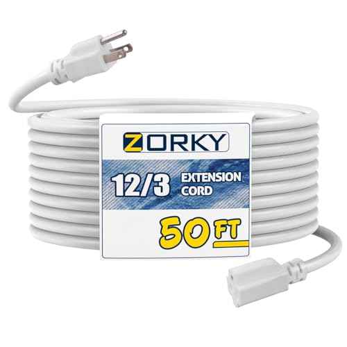 50ft Indoor Outdoor Extension Cord - 12/3 SJTW Heavy Duty Extension Cable with 3 Prong Grounded Plug for Safety -15Amp 1875W White Electric Cord Great for Garden, Appliances