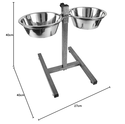 Dog Elevated Food Bowl Holder Set - Raised Cat Feeding Station Stand - Adjustable Height Pet Double Feeder - 2 Stainless Steel Water Bowls (Large)