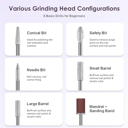 COSLUS Nail Drill Cordless Portable Electric Manicure and Pedicure Set, Professional Nail Files for Acrylic Gel Nails, 6 Nail Drill Bits, Cuticles Hard Skin, Adjustable Speed Rechargeable E File