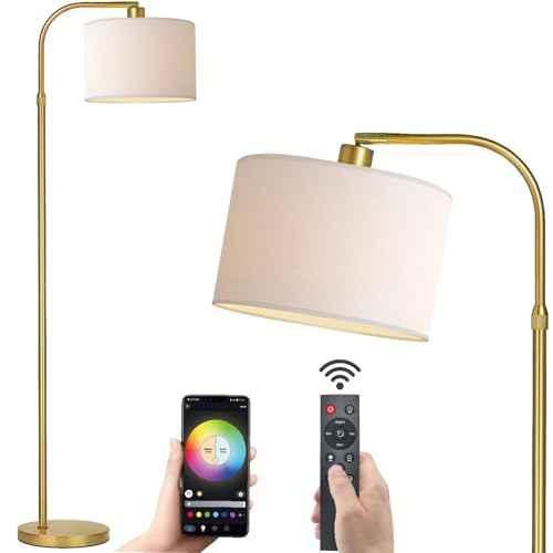 Gold Floor Lamp with Remote Control, 1200 Lumens Adjustable Height Dimmable Arc Floor Lamp for Living Room, Modern Gold Standing Lamp for Bedroom, Office, LED Smart Bulb Included