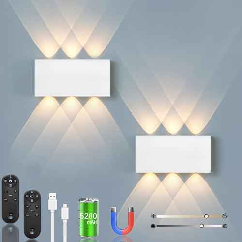Shelprojsu LED Cordless Wall Sconce Set of 2, 5200mAh Rechargeable Battery Operated Wall Lamp with Remote Control, 3 Colors and Dimmable Magnetic Wireless Wall Light (White, 2 PCS)