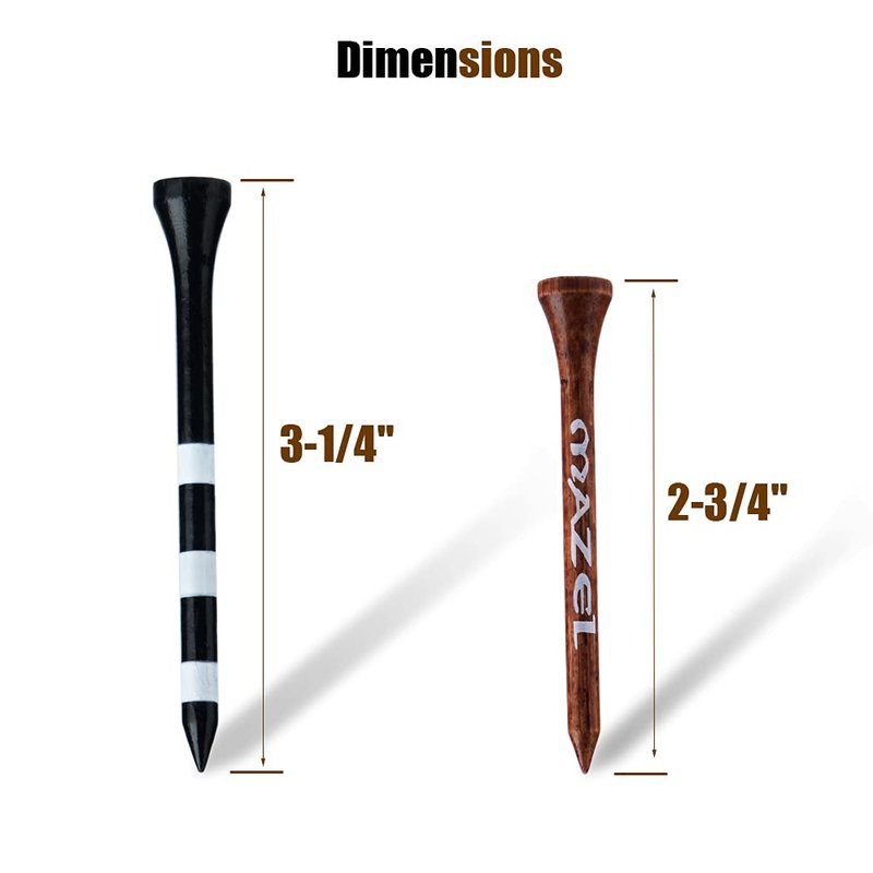 MAZEL Natural Wood/Bamboo Golf Tees 2 3/4 Inch & 3 1/4 Inch,Pack 50 or 120,Reduce Friction & Side Spin,More Stable Golf Tees (50 Pack(25 * 2-3/4"+25 * 3-1/4"),Black &Brown)